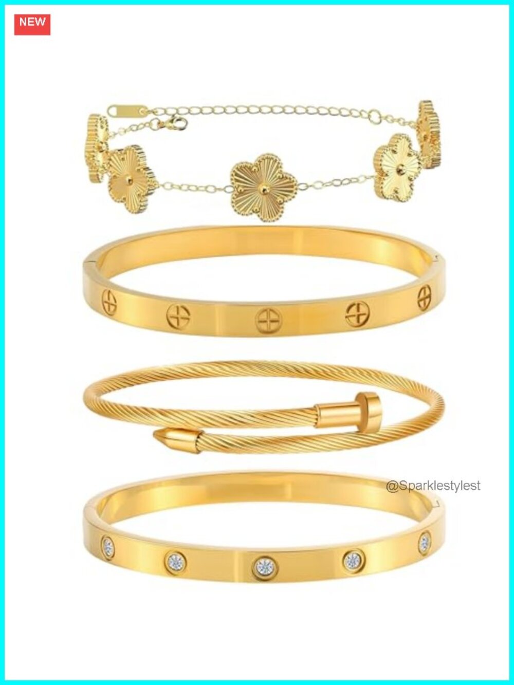 18K Gold Plated Stainless Steel Floral Bangle Bracelet Set 4pc Cubic Zirconia